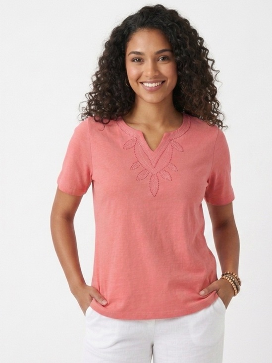 Bedford Fair Tops - Bedford Fair Cotton Blend Tribal Embroidered V-Neck Tee - Coral Pink - Size XL